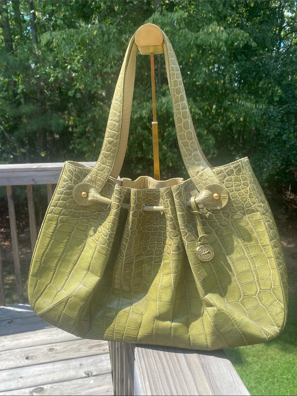 Brahmin Olive Croc-Embossed Leather Shoulder Bag with Gold-Tone Accents